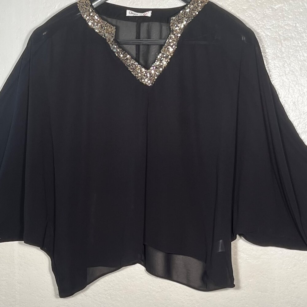 Umgee S Black Batwing Gold Sequin Top USA Sheer Layering Fairy Goth Whimsical - Picture 5 of 16